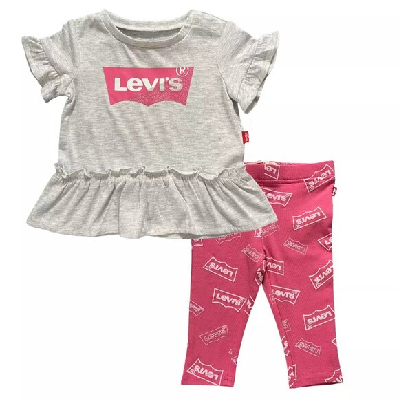 Levis Baby Infant Girls Leggings & Top Outfit Set Size 6M Pink Gray Short Sleeve - Picture 1 of 13